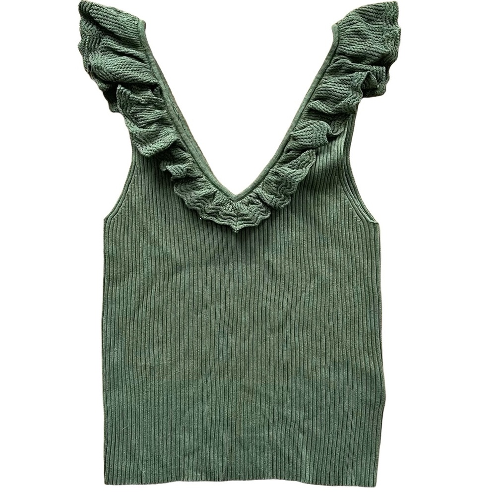 Gap Ruffle Rib Sweater Tank Top Olive Green Ruffled V Neck Knit Sleeveless Top